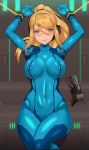  1girl arms_up bangs blonde_hair blue_bodysuit blush bodysuit breasts closed_mouth covered_navel covered_nipples green_eyes gun hair_between_eyes high_ponytail impossible_bodysuit impossible_clothes knees_up long_hair looking_at_viewer lying medium_breasts metroid mole mole_under_mouth nose_blush nt00 on_back ponytail restrained samus_aran shiny shiny_clothes shiny_hair skin_tight solo swept_bangs turtleneck weapon zero_suit 