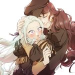  2girls artist_name blush brown_hair darkgreyclouds dorothea_arnault earrings edelgard_von_hresvelg eyebrows_visible_through_hair eyelashes fire_emblem fire_emblem:_three_houses garreg_mach_monastery_uniform hair_ribbon hand_on_another&#039;s_head hat hug jewelry long_hair multiple_girls purple_eyes ribbon school_uniform silver_hair simple_background upper_body wavy_hair white_background yuri 