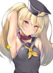  1girl :3 absurdres anchor_print arm_up armpits azur_lane bache_(azur_lane) bare_arms bare_shoulders black_headwear black_sailor_collar black_shirt blonde_hair blush breasts closed_mouth collar hat highres huge_filesize long_hair looking_at_viewer neckerchief purple_eyes sailor_collar sailor_hat sailor_shirt shirt simple_background sleeveless sleeveless_shirt small_breasts smile solo sparkle two_side_up upper_body white_background zengi 