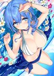  1girl arm_up bare_shoulders bead_bracelet beads bikini blue_eyes blue_hair bracelet breasts caustics choker cleavage cloud collarbone commentary_request cu-no day earrings flower halter_top halterneck hisenkaede hoop_earrings jewelry kohitsuji_ai large_breasts long_hair looking_at_viewer lying nail_polish navel on_back outdoors petals pink_flower pink_nails sarong smile solo star stomach swimsuit upside-down water white_bikini white_flower 