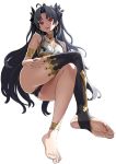  1girl ahoge armlet asanagi ass asymmetrical_legwear bangs bare_shoulders barefoot bikini black_bikini_bottom black_hair black_legwear breasts cleavage crossed_legs crown earrings elbow_gloves fang fate/grand_order fate_(series) feet fingernails full_body gloves highres hoop_earrings ishtar_(fate/grand_order) jewelry long_hair long_legs neck_ring open_mouth parted_bangs pelvic_curtain red_eyes simple_background single_elbow_glove single_thighhigh small_breasts solo swimsuit thighhighs thighs toeless_legwear toenails two_side_up white_background 