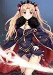  1girl absurdres artist_name bangs blonde_hair blush breasts cape commentary_request ereshkigal_(fate/grand_order) eyebrows_visible_through_hair fate/grand_order fate_(series) hair_ribbon highres huidare jewelry long_hair looking_at_viewer parted_bangs red_eyes ribbon skull smile solo tiara two_side_up 