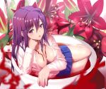  1girl ayagi_daifuku bandaged_arm bandages bangs breasts cleavage commentary cup doki_doki_literature_club english_commentary flower flower_request hair_between_eyes hair_ornament hairclip in_container in_cup large_breasts long_hair long_sleeves looking_at_viewer open_clothes open_shirt parted_lips pleated_skirt purple_eyes purple_hair shirt skirt sleeve_rolled_up solo white_shirt yuri_(doki_doki_literature_club) 