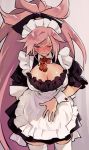  1girl alternate_costume apron baiken blush breasts cleavage cleavage_cutout enmaided facial_tattoo guilty_gear jako_(toyprn) large_breasts long_hair maid maid_apron maid_headdress pink_eyes pink_hair ponytail scar scar_across_eye tattoo thighhighs very_long_hair wrist_cuffs 