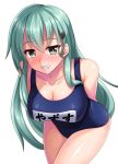  1girl alternate_costume aqua_eyes aqua_hair arms_behind_back blue_swimsuit blush breasts character_name cleavage closed_mouth collarbone covered_navel cowboy_shot eyebrows_visible_through_hair feet_out_of_frame grey_eyes hair_between_eyes hair_ornament hairclip highres kantai_collection large_breasts long_hair looking_at_viewer name_tag old_school_swimsuit one-piece_swimsuit open_mouth ruin_re_birth school_swimsuit simple_background smile solo suzuya_(kantai_collection) swimsuit teeth white_background 