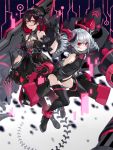  2girls bare_shoulders black_dress black_flower black_gloves black_hair black_legwear black_panties bronya_zaychik bronya_zaychik_(black_nucleus) chain commentary_request dress drill_hair flower ginklaga gloves hair_between_eyes hair_flower hair_ornament honkai_(series) honkai_impact_3rd long_hair looking_at_viewer multiple_girls panties red_eyes red_hair seele_vollerei silver_hair thighhighs twin_drills underwear 