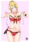  1girl akira_miku_ver ass_visible_through_thighs ayase_eli bikini blonde_hair blue_eyes breasts cleavage closed_mouth cowboy_shot eyebrows_visible_through_hair front-tie_bikini front-tie_top groin hair_between_eyes hair_ornament hair_scrunchie hairclip highres looking_at_viewer love_live! love_live!_school_idol_project navel o-ring o-ring_bikini pink_background ponytail red_bikini red_scrunchie scrunchie shiny shiny_hair short_hair solo standing striped swimsuit thigh_gap tied_hair two-tone_background untied untied_bikini vertical-striped_bikini vertical_stripes white_background 