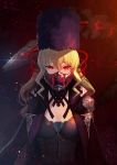  1girl bangs black_jacket blonde_hair breasts code_vein commentary_request eyebrows_visible_through_hair face_mask fur_hat hair_between_eyes hat highres jacket long_hair looking_at_viewer mask mia_karnstein nkmr8 red_eyes small_breasts solo tail 