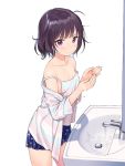  1girl ahoge bare_shoulders black_hair blue_skirt breasts camisole check_copyright cleavage collarbone commentary_request cowboy_shot faucet looking_at_viewer miniskirt off_shoulder open_clothes open_shirt original purple_eyes sekiya_asami shirt short_hair sink skirt small_breasts solo standing star star_print strap_slip striped v-shaped_eyebrows washing water wet white_background white_shirt 
