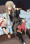  1boy 1girl bare_shoulders blue_eyes breasts brown_hair closed_mouth commentary_request feet gloves hair_over_one_eye hyakuen_raitaa long_hair luke_fon_fabre red_hair tales_of_(series) tales_of_the_abyss tear_grants thighhighs 