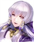  1girl ane-suisei bangs collarbone detached_collar fire_emblem fire_emblem:_three_houses hair_between_eyes hair_ornament jewelry long_hair looking_at_viewer lysithea_von_ordelia open_mouth pendant pink_eyes simple_background smile solo twitter_username upper_body white_background white_hair 