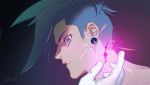  1boy blue_eyes blue_hair close-up disco_ball earrings face fire galo_thymos jewelry male_focus promare pukun purple_fire purple_pupils solo_focus spiked_hair 