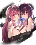  2girls bathing blush breasts fate/grand_order fate_(series) hair_over_breasts highres large_breasts long_hair looking_at_viewer medb_(fate)_(all) medb_(fate/grand_order) medium_breasts mouth_hold multiple_girls nude onsen partially_submerged pink_hair purple_hair red_eyes scathach_(fate)_(all) scathach_(fate/grand_order) steam taira_tsukune tiara tupet water water_drop wet wet_hair yellow_eyes 