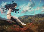  1girl black_gloves black_hair black_legwear blue_sky breasts cloud crown elbow_gloves fate/grand_order fate_(series) flying gloves grass ishtar_(fate/grand_order) long_hair midriff outdoors rean_(r_ean) red_eyes single_glove single_thighhigh sky smile solo thighhighs two_side_up 