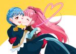  2girls blue_hair braid brown_eyes carrying closed_eyes closed_mouth crown_braid dress earrings fire_emblem fire_emblem:_three_houses gloves hilda_valentine_goneril jewelry long_hair marianne_von_edmund multiple_girls one_eye_closed open_mouth pink_hair ponytail princess_carry red_gloves simple_background twitter_username yuri yutohiroya 