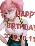  1girl aina_ardebit bare_shoulders blue_eyes breasts cleavage collarbone commentary_request dated denim denim_shorts eyebrows_visible_through_hair hair_between_eyes hair_ornament happy_birthday large_breasts looking_at_viewer pink_hair promare sakuyu shirt short_shorts shorts side_ponytail smile solo white_shirt 