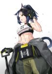  1girl arknights bare_shoulders bk201 black_gloves blue_hair blush breasts cat cat_tail commentary gloves green_eyes highres holding jessica_(arknights) large_breasts mask navel open_mouth short_hair simple_background solo tail two-tone_gloves white_background yellow_gloves 