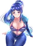  1girl arm_support bikini blue_hair blush breasts commentary_request eyebrows_visible_through_hair front-tie_bikini front-tie_top gorua_(youce01) highres large_breasts long_hair looking_at_viewer love_live! love_live!_sunshine!! matsuura_kanan open_mouth ponytail purple_eyes revision simple_background sitting solo striped striped_bikini swimsuit very_long_hair wetsuit white_background 