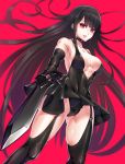  1girl abs aiming_at_viewer akikawa_senna ass_visible_through_thighs bangs bare_shoulders black_choker black_dress black_gloves black_hair black_legwear black_panties blunt_bangs breasts center_opening choker covered_navel dress dress_lift dutch_angle elbow_gloves garter_straps gloves highres impossible_clothes impossible_dress large_breasts long_hair looking_at_viewer original over-kneehighs panties pantyshot pantyshot_(standing) parted_lips red_background red_eyes solo standing sword thighhighs thighs underwear very_long_hair weapon wind wind_lift 