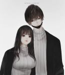  1boy 1girl aoi_ogata artist_name bangs black_hair black_jacket breasts closed_mouth eyebrows_visible_through_hair grey_background head_tilt highres jacket lips long_hair looking_at_viewer medium_breasts open_clothes open_jacket original red_lips ribbed_sweater simple_background sweater upper_body white_sweater 