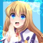  1girl :d bangs blonde_hair blue_background blue_eyes bubble collet_brunel eyebrows_visible_through_hair floating_hair hair_between_eyes hands_together long_hair long_sleeves open_mouth portrait sakuno_ririsu smile solo tales_of_(series) tales_of_symphonia very_long_hair 