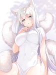  1girl animal_ear_fluff animal_ears blue_eyes blurry breasts china_dress chinese_clothes covered_navel dress fox_ears fox_girl fox_tail hand_up kitsune kurasawa_moko large_breasts long_hair looking_at_viewer original panties parted_lips pelvic_curtain short_sleeves side-tie_panties solo sweatdrop tail thighs underwear very_long_hair white_dress white_hair 