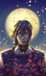  1boy blue_eyes blue_hair circlet full_moon glowing glowing_eyes japanese_clothes male_focus mikazuki_munechika moon petals pukun sayagata solo touken_ranbu 