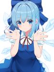  1girl \||/ bangs blue_bow blue_dress blue_eyes blue_hair bow cirno collared_shirt dress eyebrows_visible_through_hair hair_between_eyes hair_bow hands_up highres ice ice_wings long_hair neck_ribbon puffy_short_sleeves puffy_sleeves red_ribbon ribbon shirt short_sleeves simple_background sleeveless sleeveless_dress solo touhou upper_body w.k white_background white_shirt wings 