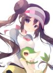  1girl black_legwear breasts brown_hair commentary_request double_bun gen_5_pokemon holding holding_pokemon long_hair long_sleeves medium_breasts mei_(pokemon) pantyhose pokemon pokemon_(creature) pokemon_(game) pokemon_bw2 shiratama_(shiratamaco) shirt short_shorts shorts simple_background snivy twintails very_long_hair visor_cap white_background white_headwear white_shirt yellow_shorts 