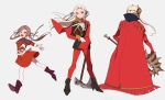  1girl age_progression axe blonde_hair brown_hair cape closed_mouth dress edelgard_von_hresvelg fire_emblem fire_emblem:_three_houses from_behind garreg_mach_monastery_uniform gloves grey_background hair_ribbon high_heels highres holding holding_axe horns long_hair long_sleeves open_mouth pantyhose pikapika_hoppe purple_eyes red_cape red_legwear ribbon simple_background uniform white_gloves white_legwear younger 