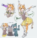  3girls :d animal_print arm_up bangs black_hair boots brown_vest character_request commentary_request dancing directional_arrow elbow_gloves eyebrows_visible_through_hair fang french_text gloves grey_background grey_hair hair_between_eyes hair_ribbon kemono_friends long_hair multicolored_hair multiple_girls multiple_views necktie open_mouth orange_hair outstretched_arm pantyhose plaid plaid_skirt pleated_skirt print_gloves print_legwear ribbon shirt siberian_tiger_(kemono_friends) simple_background sketch skirt smile speech_stab tail tiger_print tiger_tail toki_reatle translated vest white_footwear white_hair white_shirt yellow_neckwear yellow_ribbon yellow_skirt 