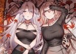  2girls alternate_costume aogi_(pixiv9459043) autumn autumn_leaves azur_lane bangs bare_arms bare_shoulders black_dress black_ribbon black_skirt black_sweater blanket blonde_hair breasts cleavage closed_mouth coffee coffee_mug collarbone commentary contemporary cross cross_necklace cup dress eyebrows_visible_through_hair eyes_visible_through_hair from_above grey_eyes grey_skirt hair_between_eyes hair_over_one_eye hair_ribbon hand_to_forehead highres jewelry large_breasts long_hair long_sleeves looking_at_viewer lying medium_hair mug multicolored_hair multiple_girls necklace on_back open_mouth outdoors prinz_eugen_(azur_lane) revision ribbed_sweater ribbon roon_(azur_lane) sidelocks silver_hair skirt smile streaked_hair sweater two_side_up yellow_eyes 