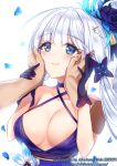  1boy 1girl artist_name azur_lane blue_dress blue_eyes blue_gloves blush breasts chinobara commentary_request dress gloves hair_ribbon hair_rings illustrious_(azur_lane) illustrious_(never-ending_tea_party)_(azur_lane) large_breasts mole mole_under_eye ribbon smile tress_ribbon tri_tails white_hair 