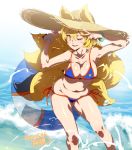  1girl alternate_costume animal_ears belly bikini blonde_hair blue_bikini breasts commentary_request cosplay curvy fat_folds fate/grand_order fate_(series) fox_ears fox_tail hat large_breasts looking_at_viewer multiple_tails nyuu_(manekin-eko) one_eye_closed partial_commentary plump solo straw_hat swimsuit tail tamamo_(fate)_(all) tamamo_no_mae_(swimsuit_lancer)_(fate) tamamo_no_mae_(swimsuit_lancer)_(fate)_(cosplay) thick_thighs thighs touhou wide_hips yakumo_ran yellow_eyes 