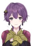  1girl akina_(akn_646) bangs bernadetta_von_varley blush closed_mouth earrings fire_emblem fire_emblem:_three_houses gloves grey_eyes hair_between_eyes hair_ornament hands_on_own_chest hands_together highres jewelry light_smile long_sleeves purple_hair simple_background smile solo upper_body white_background yellow_gloves 