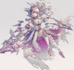  1girl armor dress dual_wielding floating hisahisahisahisa holding holding_spear holding_weapon horns long_hair original parted_lips platinum_blonde_hair polearm red_eyes solo spear torn_clothes weapon white_dress 