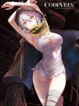  1girl armpits bandaged_arm bandaged_leg bandages bangs breasts code_vein copyright dress hood hoodie io_(code_vein) jacket_on_shoulders kurumi_kobayashi large_breasts looking_at_viewer official_art short_hair silver_hair simple_background solo_focus tagme torn_clothes torn_dress yellow_eyes 