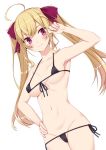  1girl ahoge arm_up armpits bangs bare_shoulders bikini black_bikini black_bikini_bottom black_bikini_top blush bow breasts collarbone fuji_yoshida hair_bow hand_on_hip hand_on_own_head highres long_hair looking_at_viewer medium_breasts micro_bikini navel nijisanji red_bow red_eyes smile solo stomach swimsuit takamiya_rion thigh_gap thighs twintails two_side_up virtual_youtuber white_background 