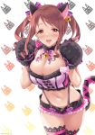  1girl :d animal_ears bell black_shorts blush bow bowtie breasts brown_eyes brown_hair cat_ears cat_girl cat_tail choker cleavage crop_top gloves hair_bow hands_up highres idolmaster idolmaster_cinderella_girls jingle_bell lace lace-trimmed_legwear large_breasts long_hair looking_at_viewer micro_shorts midriff mifune_miyu mizuki_makoto navel open_mouth paw_gloves paws purple_shirt ribbon shirt shorts sidelocks smile solo standing stomach suspenders sweatdrop tail tail_ribbon thighhighs thighs twintails wavy_hair 