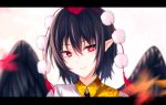  1girl bangs black_hair black_wings commentary ear_piercing eyebrows_visible_through_hair feathered_wings hair_between_eyes hat koissa leaf_print letterboxed looking_at_viewer piercing pointy_ears pom_pom_(clothes) portrait red_eyes shameimaru_aya shirt short_hair smile solo tassel tokin_hat touhou white_background white_shirt wings 
