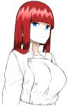  1girl alternate_hairstyle bangs blue_eyes blunt_bangs breasts creatures_(company) esouko expressionless game_freak large_breasts long_hair looking_at_viewer musashi_(pokemon) nintendo pokemon pokemon_(anime) pokemon_xy_(anime) red_hair shirt simple_background solo spot_color straight_hair upper_body white_background 