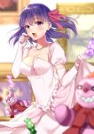  1girl :o bangs blurry blurry_background blurry_foreground blush breasts candy cleavage collarbone commentary_request depth_of_field doll dress elbow_gloves eyebrows_visible_through_hair fate/stay_night fate_(series) food frilled_dress frills gloves hair_ribbon highres hizuki_higure holding holding_food jewelry long_hair looking_at_viewer matou_sakura medium_breasts necklace open_mouth pink_ribbon polka_dot puffy_short_sleeves puffy_sleeves purple_eyes purple_hair ribbon sharp_teeth short_sleeves skirt_hold solo teeth white_dress white_gloves 