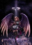  1girl angel artist_name black_background black_footwear black_gloves black_legwear blue_skirt breasts dark_angel_olivia dated dual_wielding elbow_gloves feathers full_body gloves granblue_fantasy high_heels highres holding holding_sword holding_weapon horns light light_brown_hair long_hair looking_at_viewer medium_breasts red_eyes shadowverse skirt solo splashing standing standing_on_one_leg sword thighhighs water weapon wings zduke 