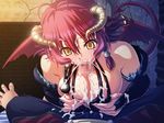  1boy 1girl breast_grab breasts censored cum cum_explosion cum_in_mouth cum_on_body cum_on_breasts cum_on_upper_body demon demon_girl demon_wings facial fellatio game_cg grabbing highres horns huge_breasts indoors kyonyuu_fantasy oral orgasm overflow paizuri penis pov shamsiel shamujerushaharu sling_bikini sperm succubus swallowing tail waffle wings 