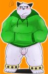  2019 anthro balls belly black_nose blush clothing flaccid fur giant_panda goujuyu hoodie humanoid_penis kaku_renbo male mammal overweight overweight_male penis simple_background solo ursid vs_knight_ramune_&amp;_40_fire white_fur 