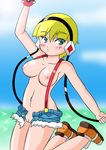  artist_request beach blonde_hair blue_eyes blush breasts cosplay gym_leader headphones jumping kamitsure_(pokemon) kasumi_(pokemon) midriff naked_suspenders navel nipples ocean pixiv_thumbnail poke_ball pokeball pokemon pokemon_(game) pokemon_black_and_white pokemon_bw pussy resized shoes short_hair shorts suspenders torn_clothes uncensored 