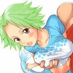  1boy 1girl blush breast_grab breasts brown_eyes camie grabbing green_hair large_breasts mermaid midriff monkey_d_luffy monster_girl mosha one_piece photoshop short_hair 