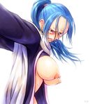  blue_hair blush bonnie_(artist) bonnie_(rsg) breasts earrings female frown jewelry large_breasts nefertari_vivi nipples one_piece open_clothes ponytail solo tears white_background 