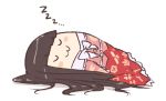  1girl :3 bangs bkub_(style) black_hair blunt_bangs blush_stickers bow bowtie closed_eyes commentary houraisan_kaguya long_hair lying miyo_(ranthath) on_back petticoat pink_shirt red_skirt shadow shirt simple_background skirt sleeping smile solo symbol_commentary teruyof touhou white_background white_bow white_neckwear zzz 