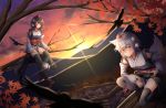  2girls animal_ears autumn_leaves bird black_hair black_legwear blurry blush breasts cloud commentary_request crow depth_of_field detached_sleeves diffraction_spikes expressionless fall_(5754478) geta hair_between_eyes hat hauchiwa highres holding holding_sword holding_weapon in_tree inubashiri_momiji katana kourindou_tengu_costume leaf looking_at_viewer maple_leaf medium_breasts mountain multiple_girls outdoors pom_pom_(clothes) red_eyes red_headwear red_sky shameimaru_aya sheath sheathed short_hair sitting sky smile squatting sunset sword tail tengu-geta thighhighs tokin_hat touhou tree tree_branch weapon white_hair wolf_ears wolf_tail 